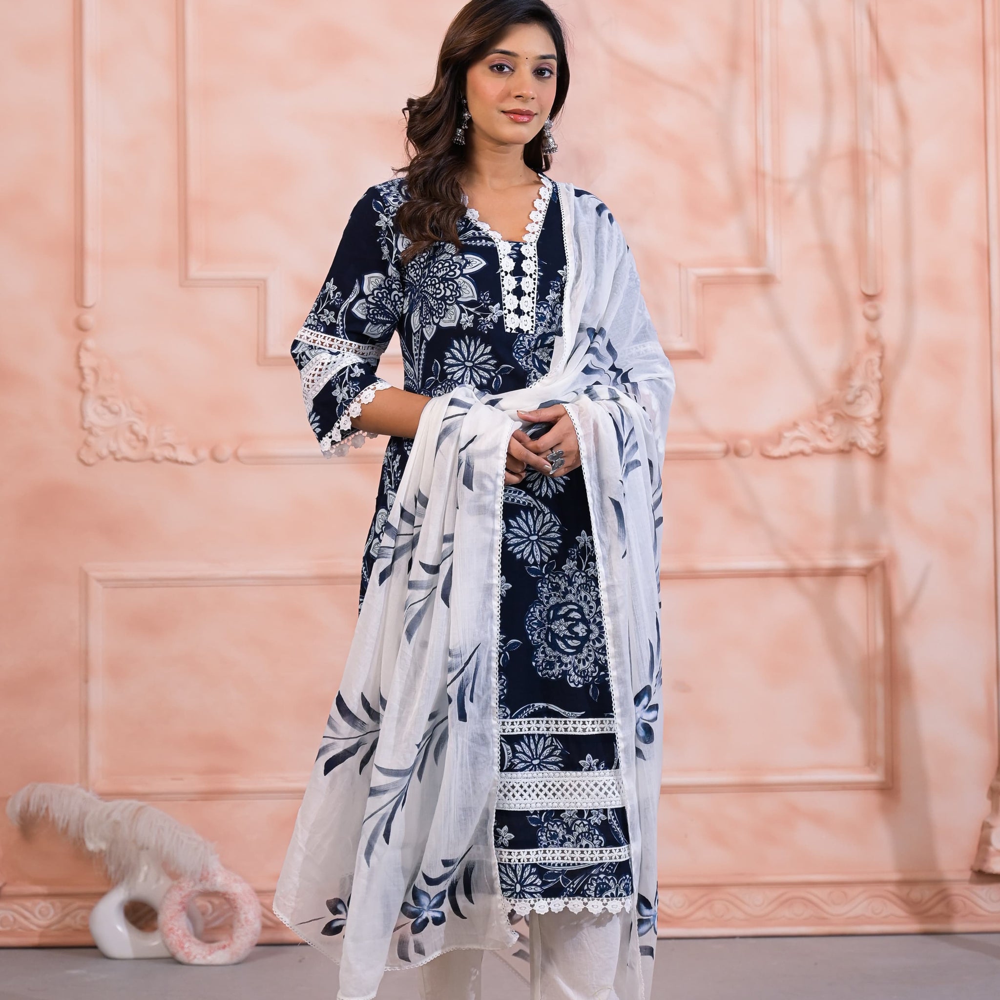 Midnight Bloom Mul Cotton Kurta Set with Hand-Painted Dupatta