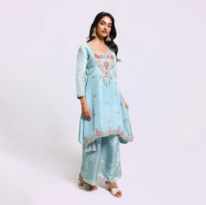 Aqua Elegance A-Line Silk Kurta Set