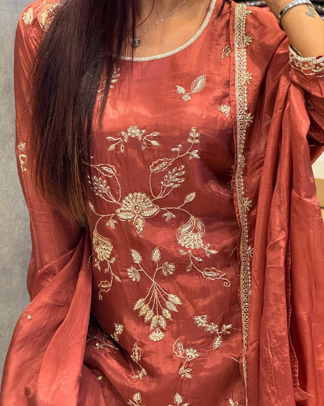 Zahra Rust Bloom – Embroidered Silk Crepe Sharara Set