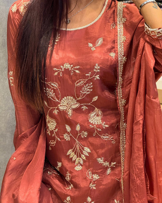 Zahra Rust Bloom – Embroidered Silk Crepe Sharara Set