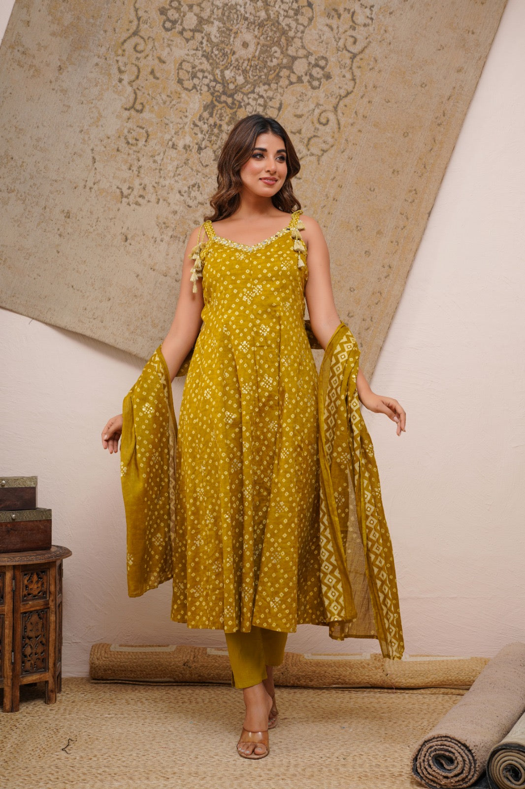 Mustard Cotton Bandhani Set