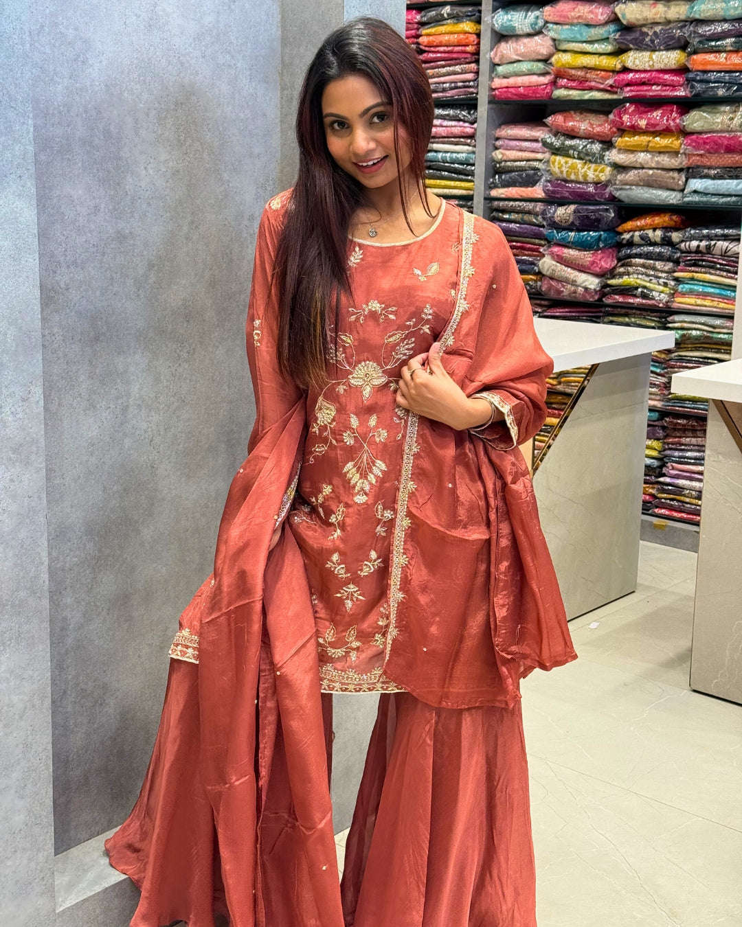 Zahra Rust Bloom – Embroidered Silk Crepe Sharara Set