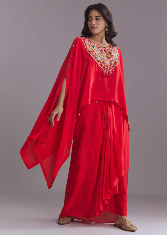 Crimson Charm – Embroidered Silk Crepe Cape Set