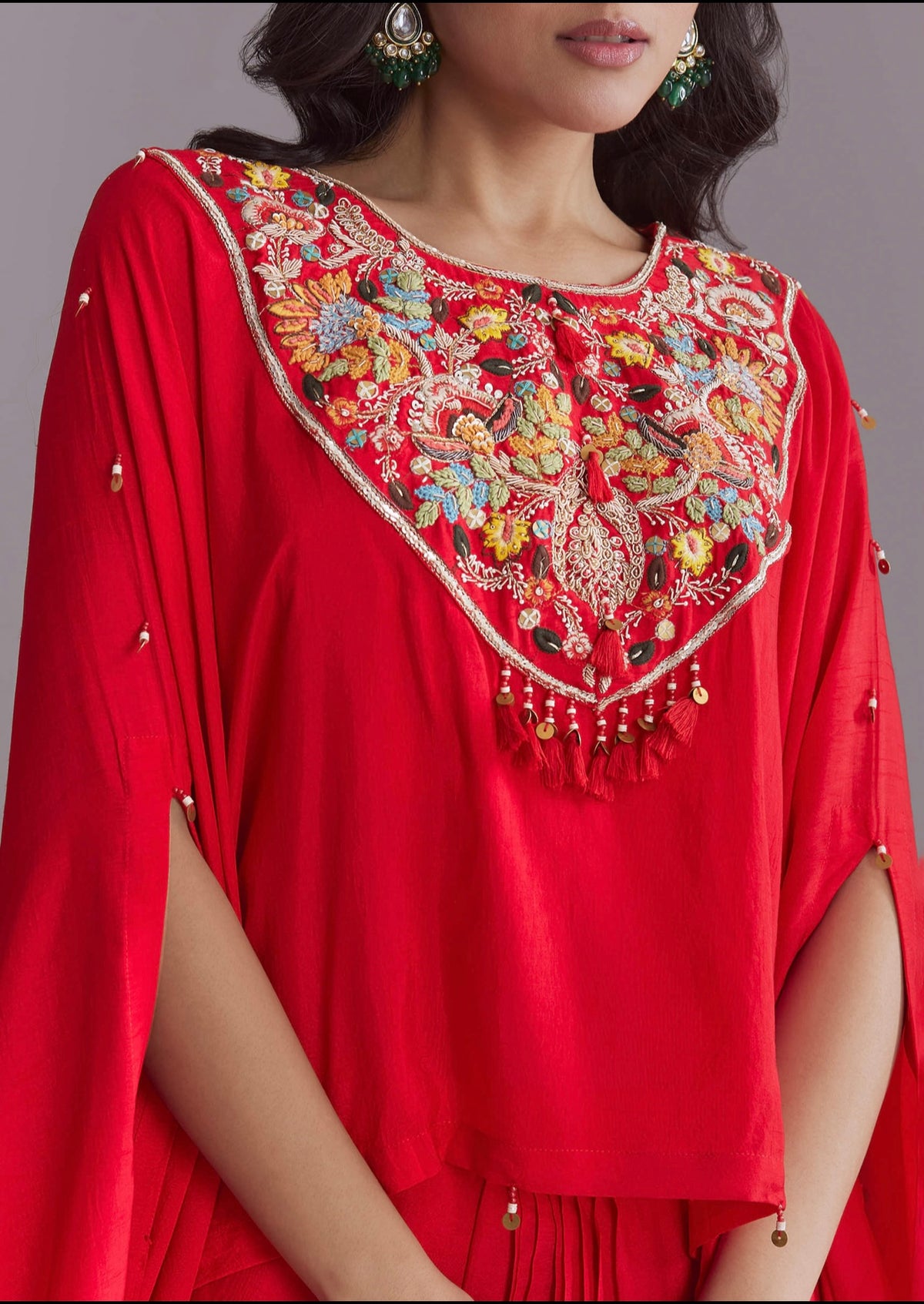 Crimson Charm – Embroidered Silk Crepe Cape Set