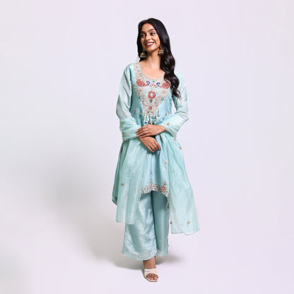 Aqua Elegance A-Line Silk Kurta Set
