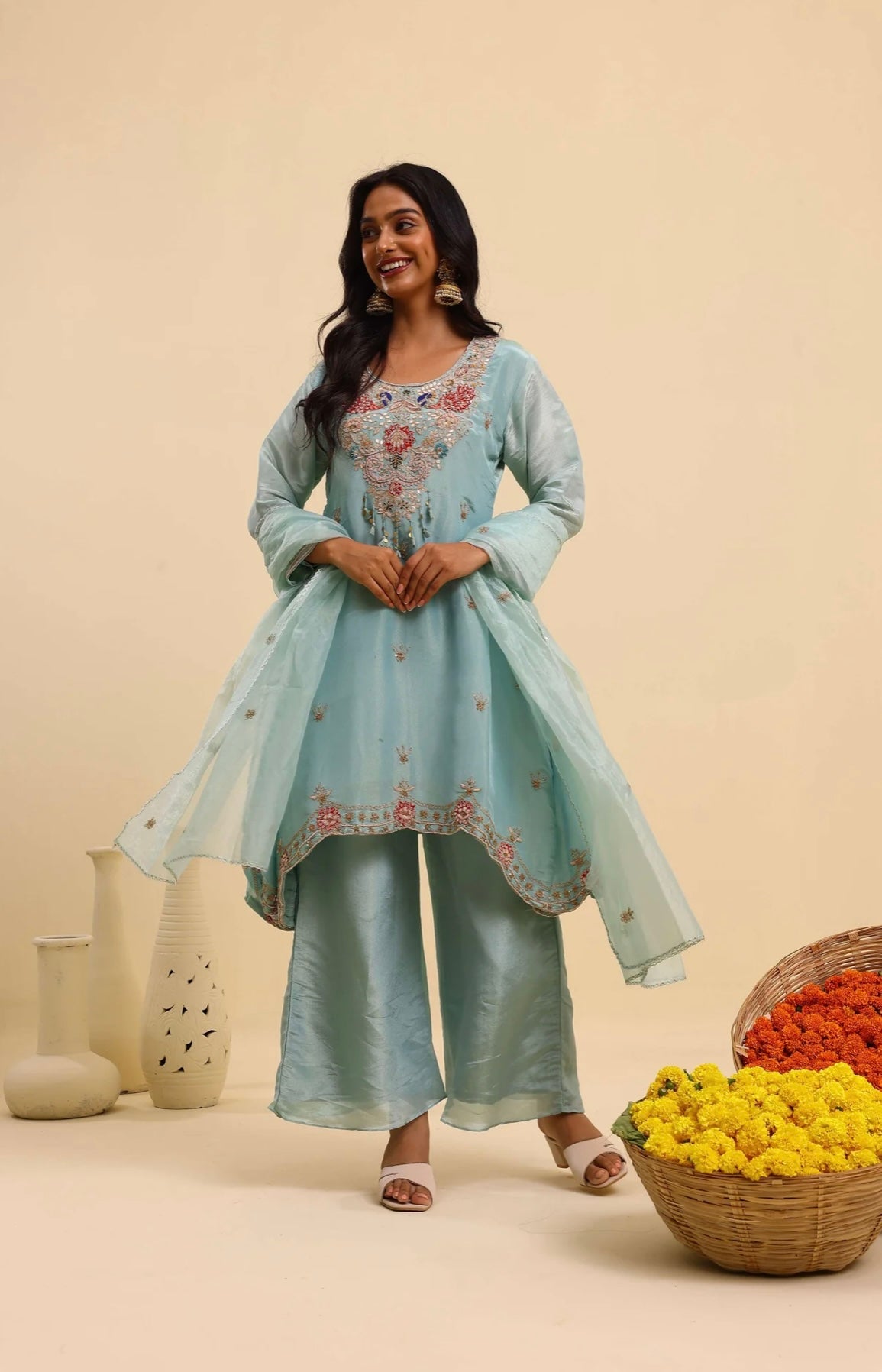 Aqua Elegance A-Line Silk Kurta Set
