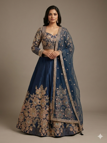 Midnight Navy Floral Dola Silk Lehenga Set