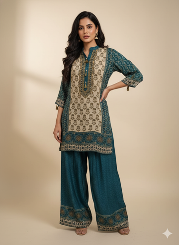 Teal Grace – Crepe Silk Designer 2-Piece Co-Ord Set