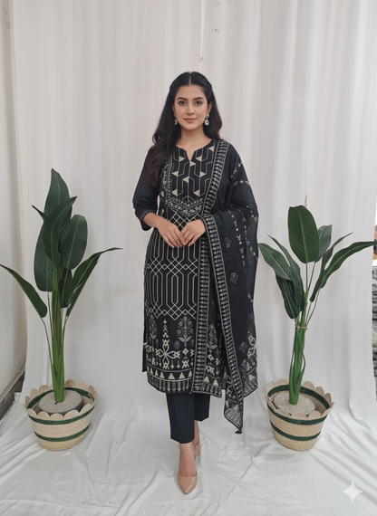 Noor-e-Qalam – Black & Off-White Kota Dori Silk Kurta Set