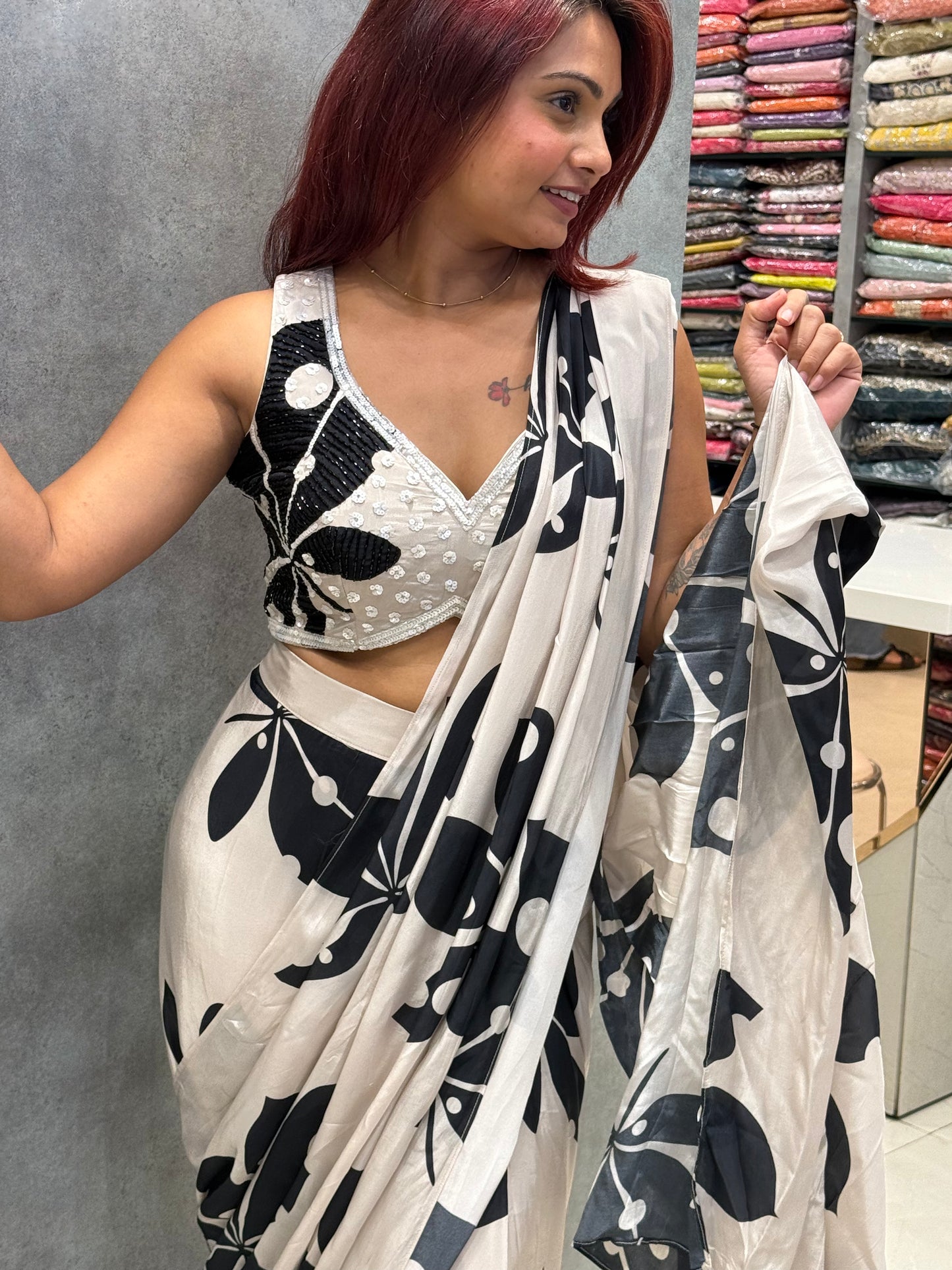 Classic Ivory White & Deep Onyx Black Pre Drape Saree