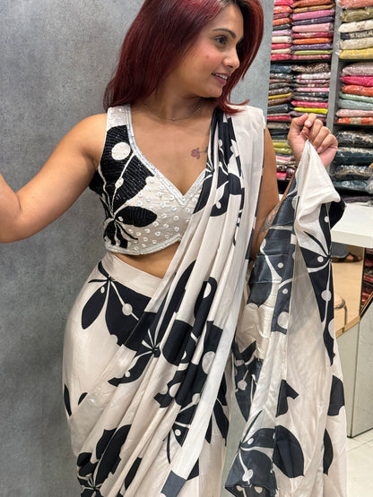 Classic Ivory White & Deep Onyx Black Pre Drape Saree