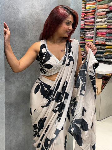 Classic Ivory White & Deep Onyx Black Pre Drape Saree