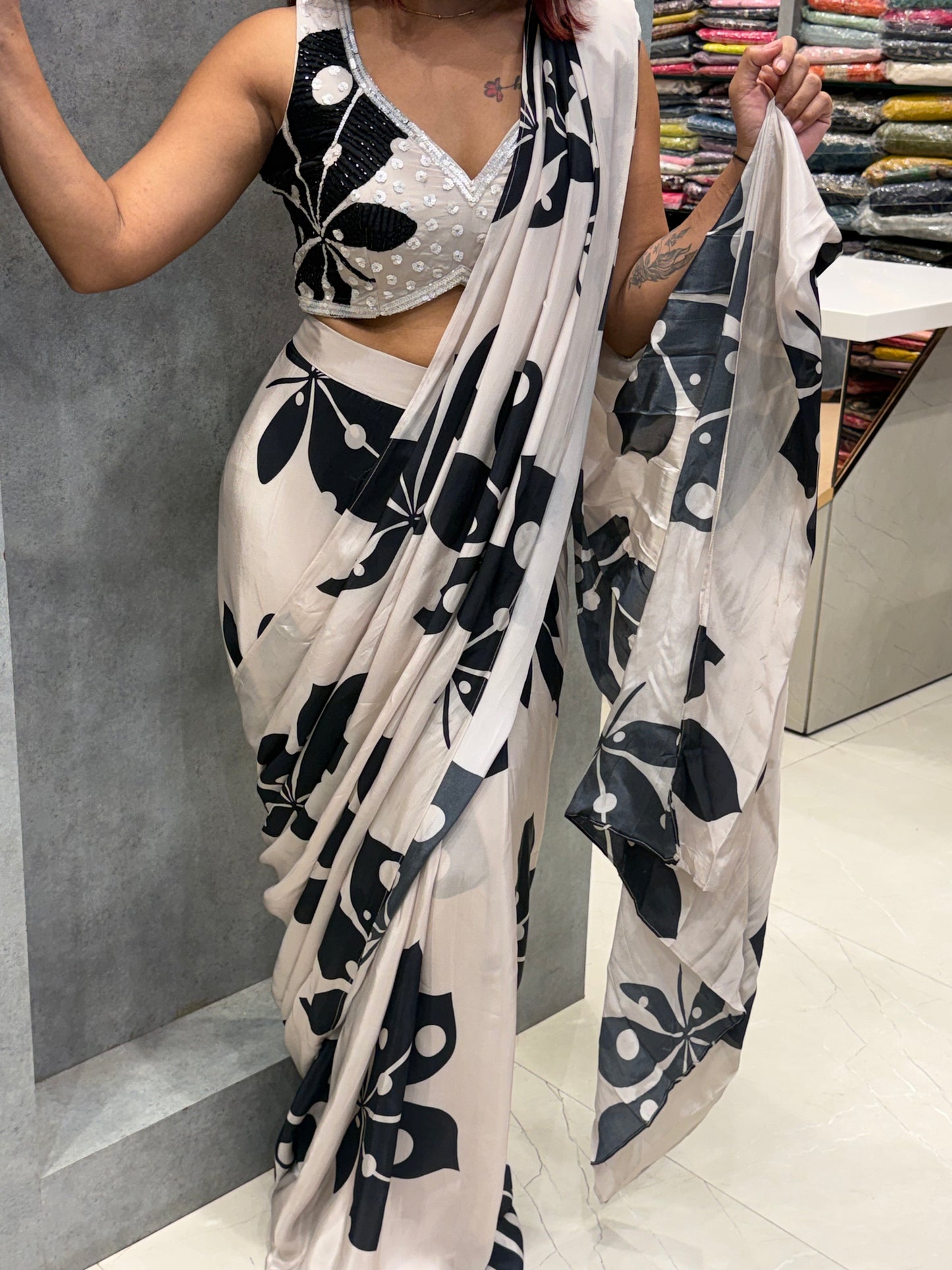 Classic Ivory White & Deep Onyx Black Pre Drape Saree