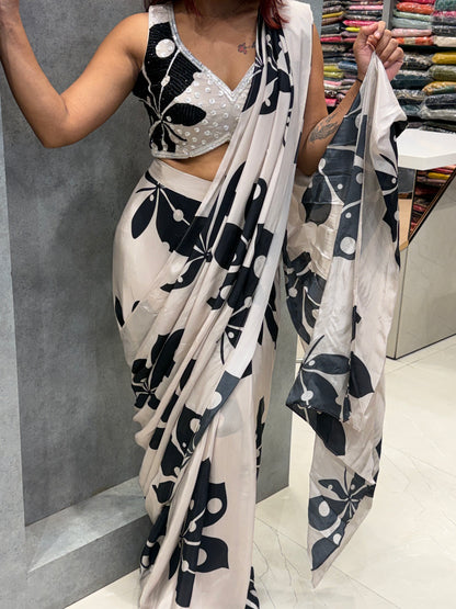 Classic Ivory White & Deep Onyx Black Pre Drape Saree