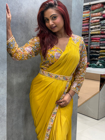 Yellow Pre Drape Saree