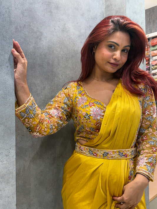 Yellow Pre Drape Saree