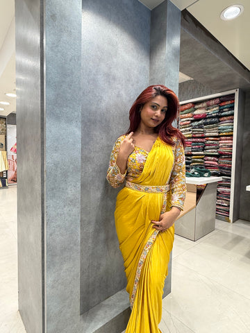 Yellow Pre Drape Saree