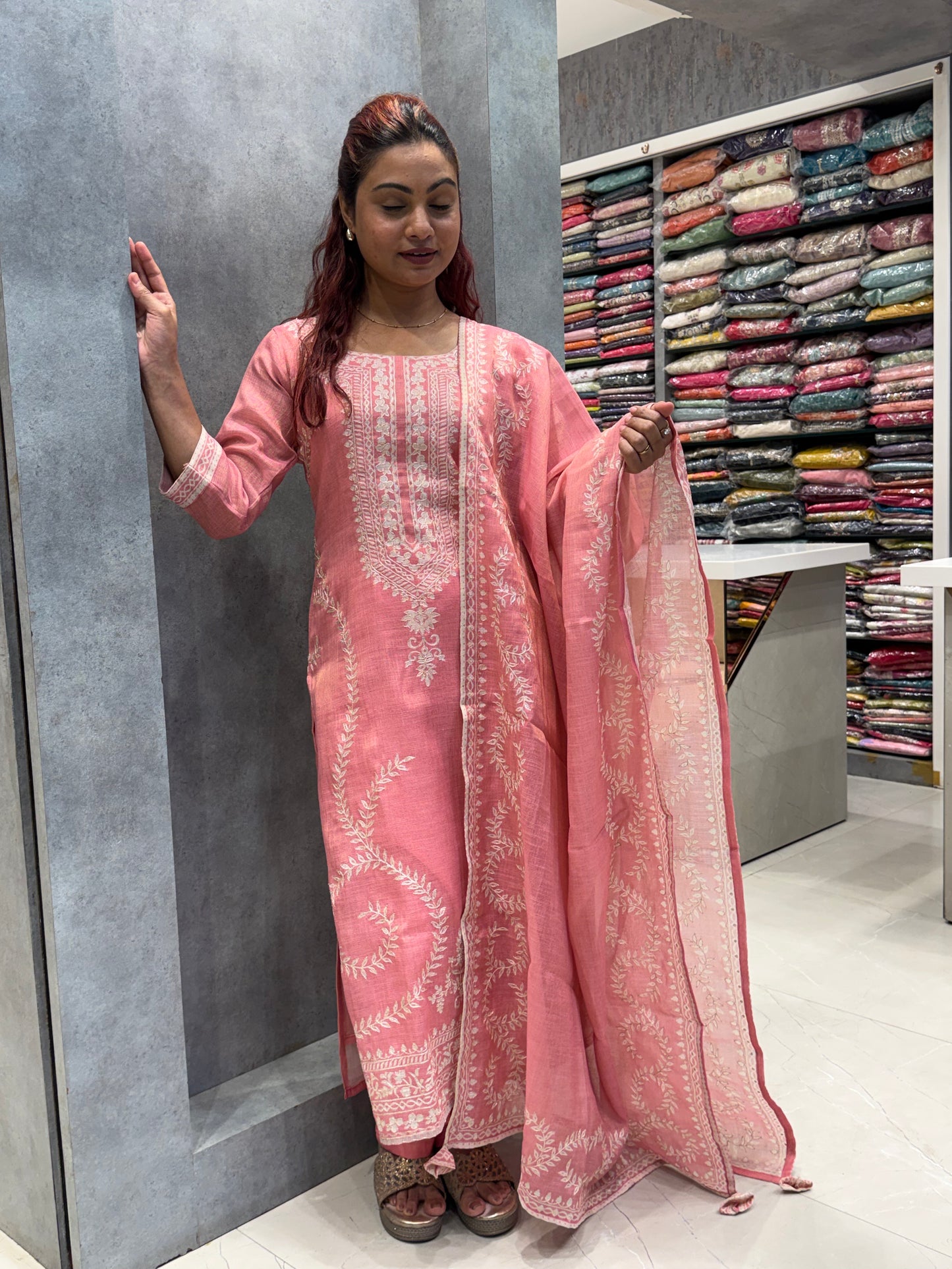 Pinky Silk Dupatta Set