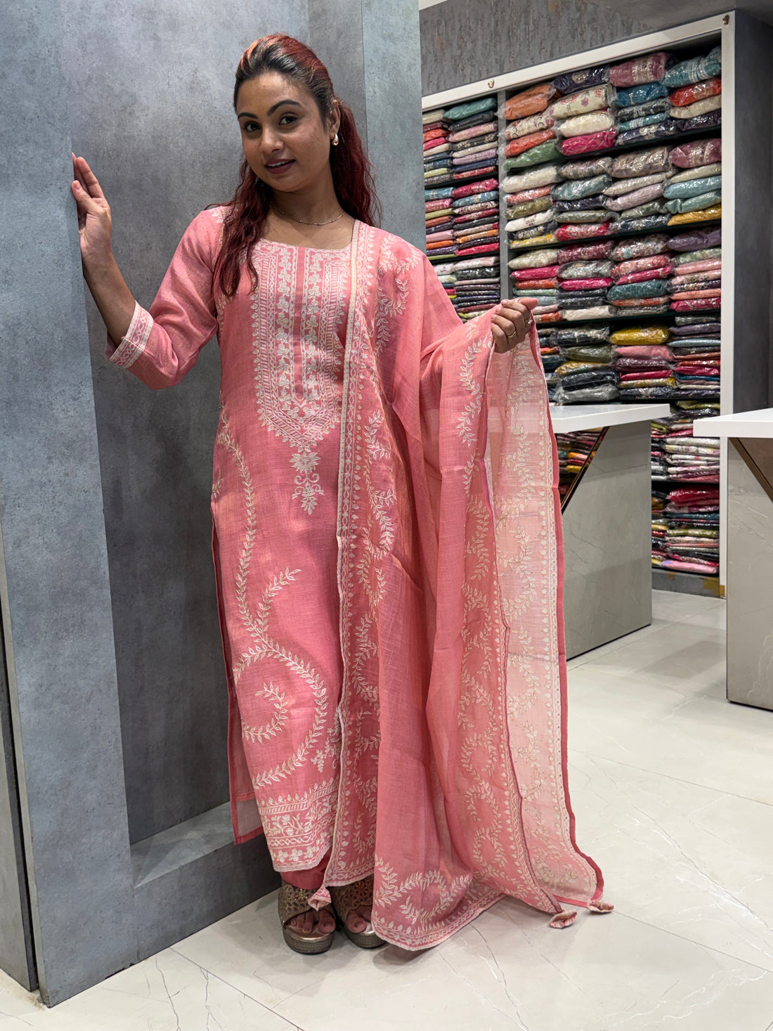 Pinky Silk Dupatta Set