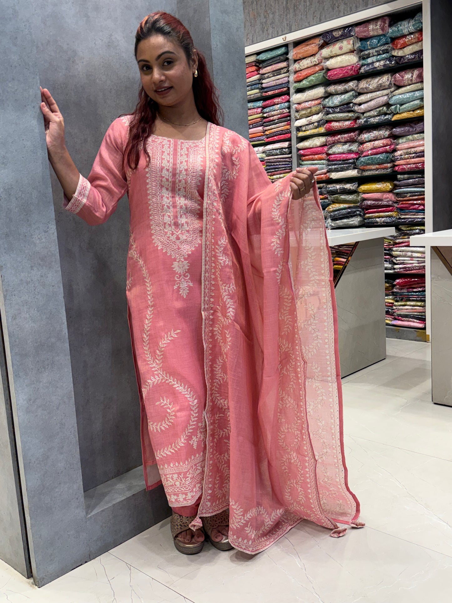 Pinky Silk Dupatta Set