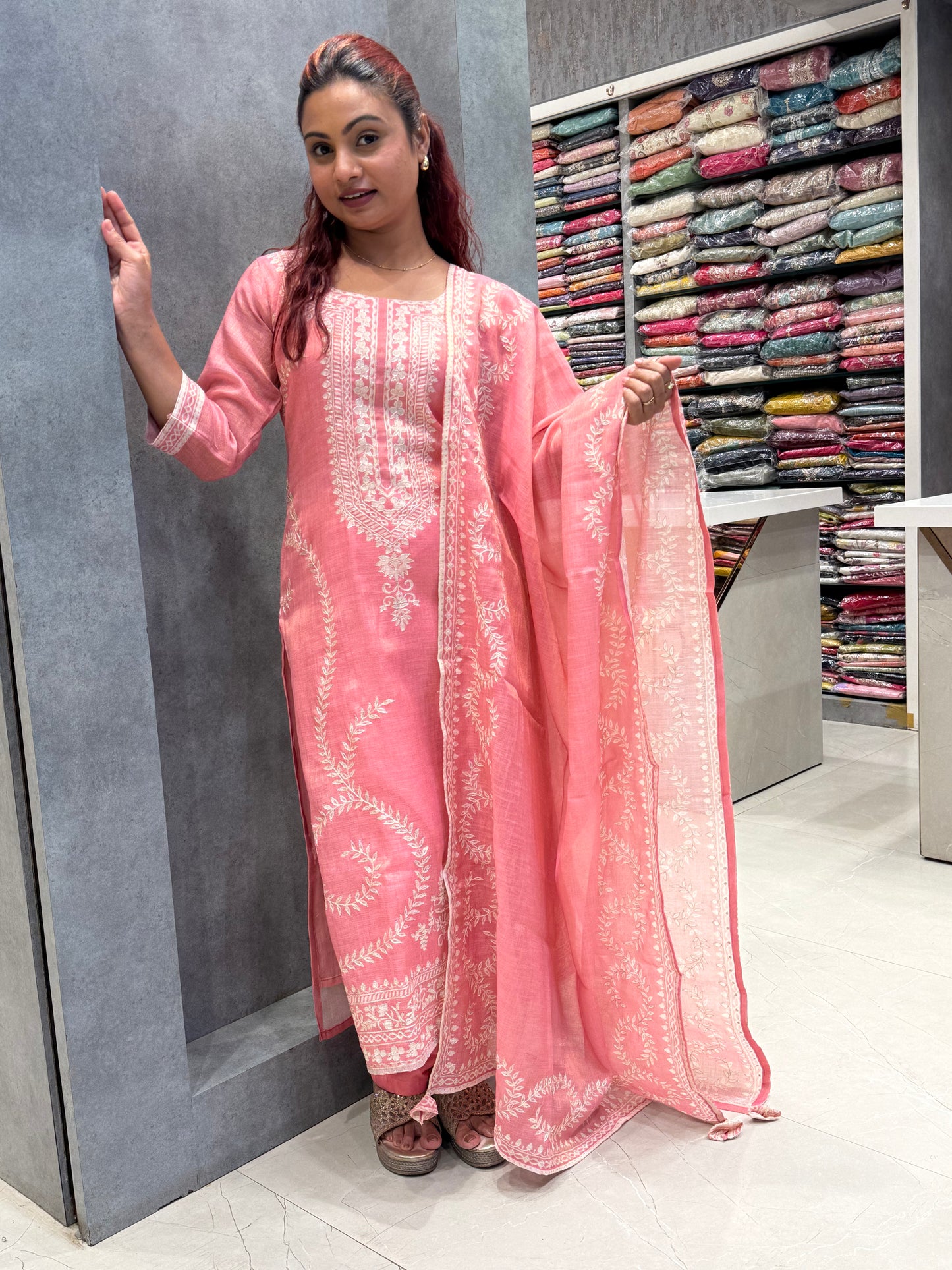 Pinky Silk Dupatta Set