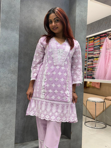 Chikankari-Style Floral Threadwork Set