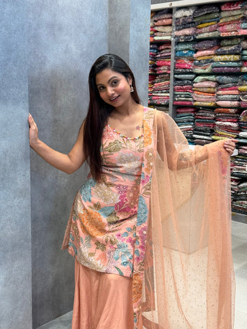 Peach Floral Bloom Silk Sharara Set