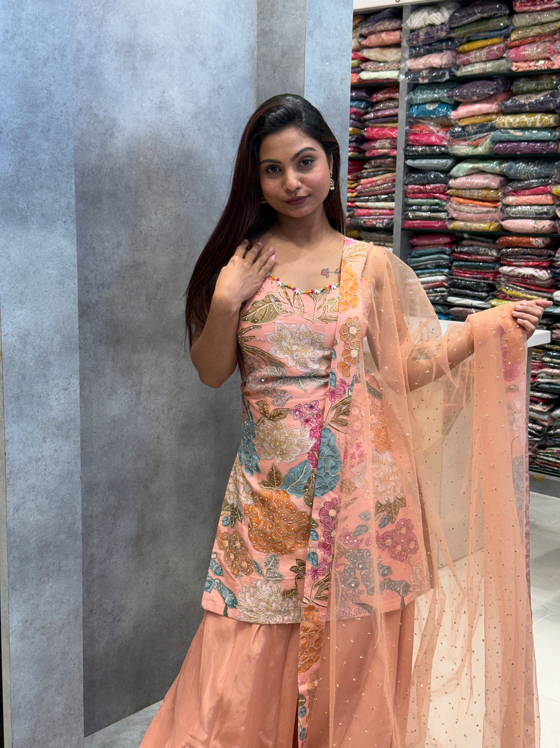 Peach Floral Bloom Silk Sharara Set