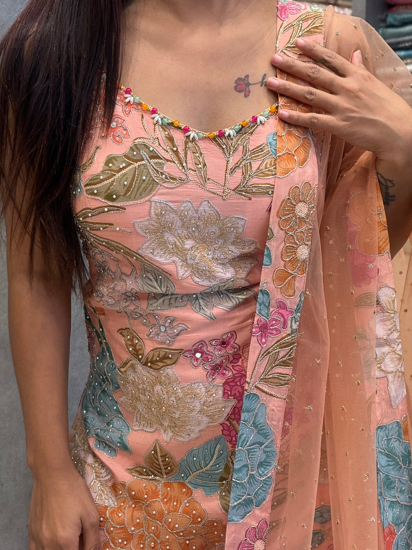 Peach Floral Bloom Silk Sharara Set