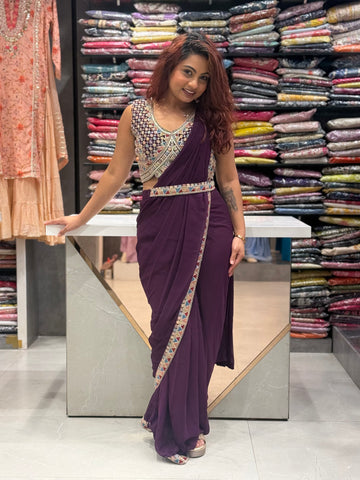 Wine Pre Drape Saree