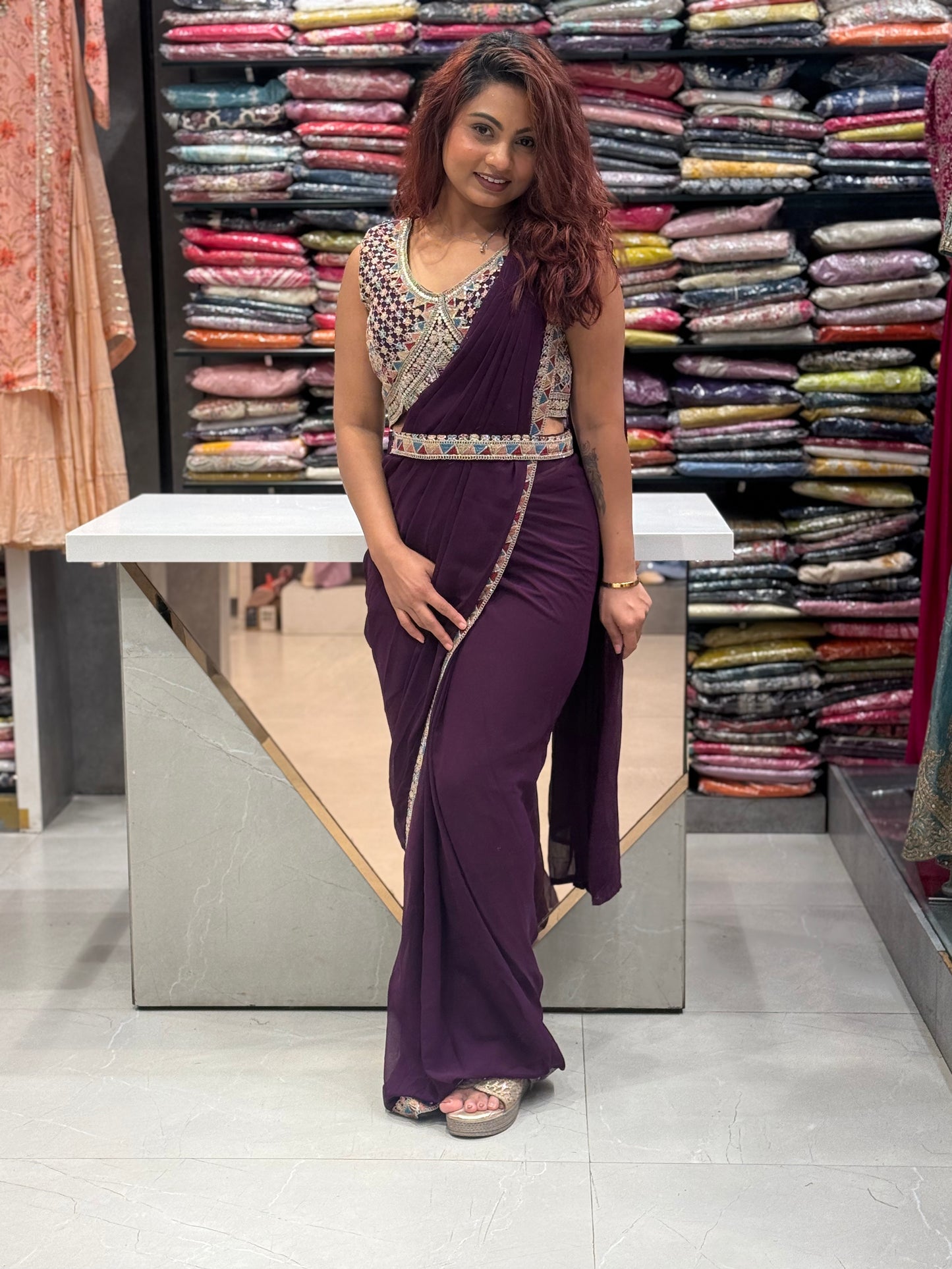 Wine Pre Drape Saree