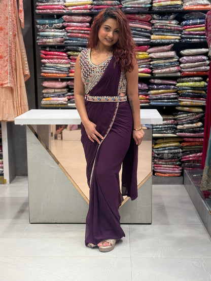 Wine Pre Drape Saree