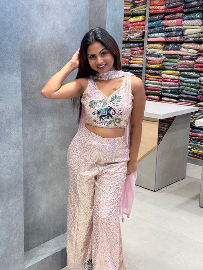 Sequin Silk Elephant-Embroidered Co-ord Set
