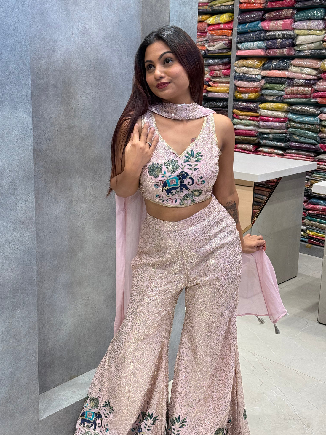 Sequin Silk Elephant-Embroidered Co-ord Set