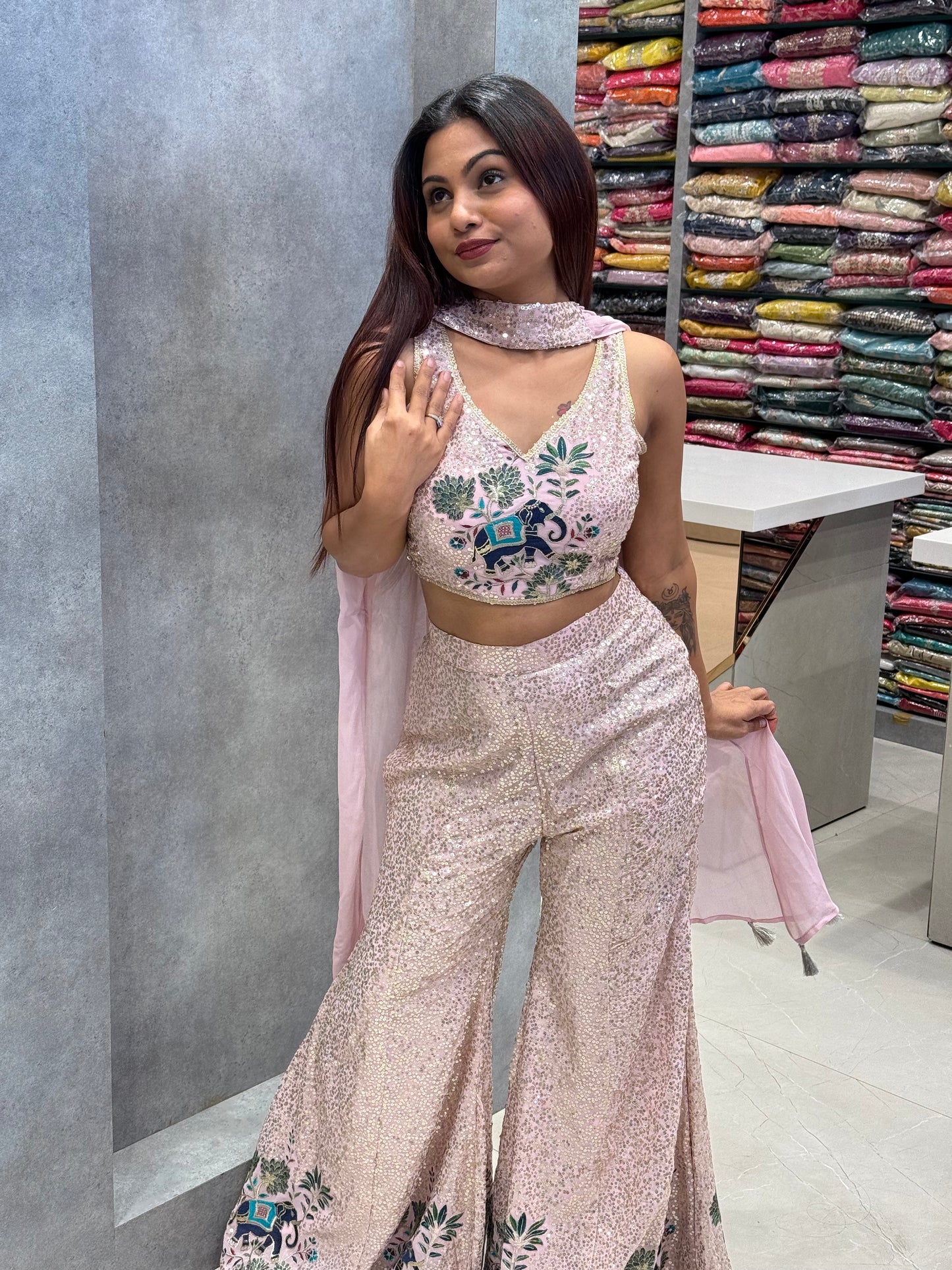 Sequin Silk Elephant-Embroidered Co-ord Set