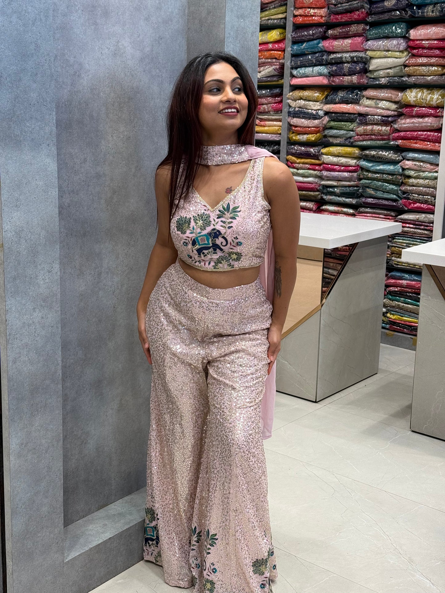 Sequin Silk Elephant-Embroidered Co-ord Set