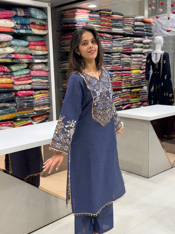 Embroidered Cotton Kurta Set with Lace Detailing
