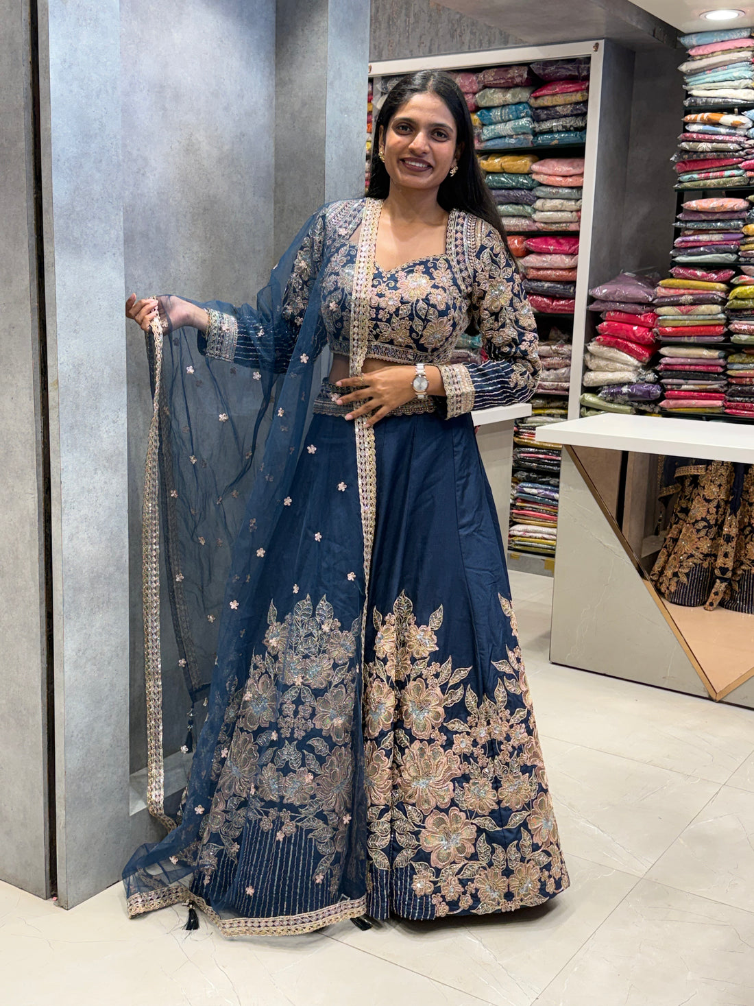 Midnight Navy Floral Dola Silk Lehenga Set