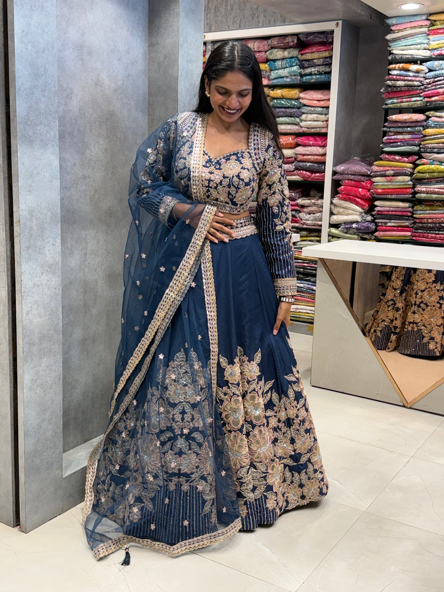 Midnight Navy Floral Dola Silk Lehenga Set
