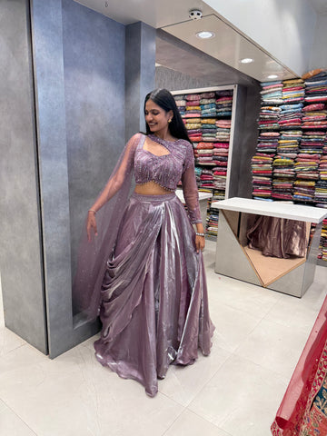 Lavender Metallic Tissue Silk Draped Lehenga Set