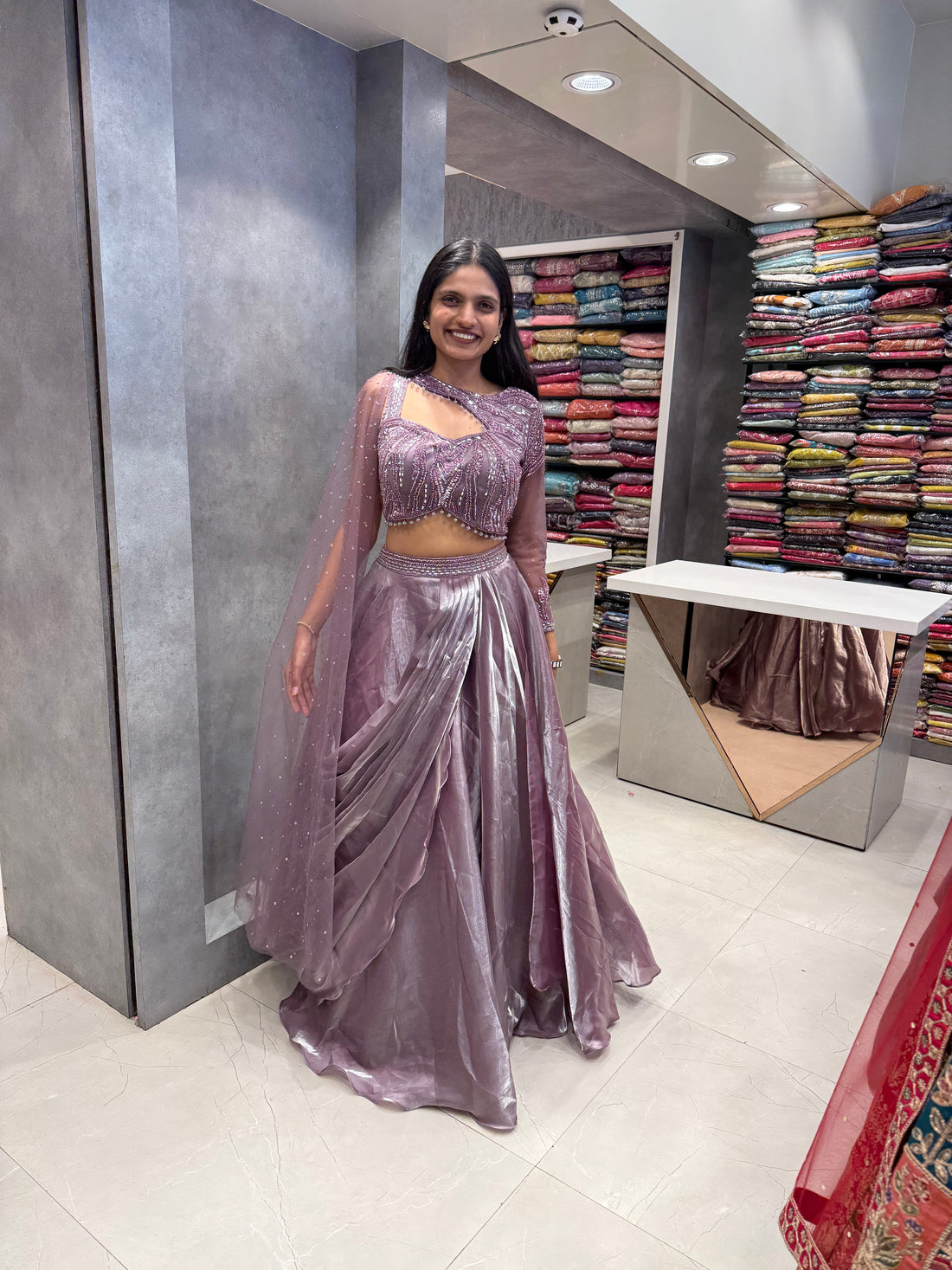 Lavender Metallic Tissue Silk Draped Lehenga Set
