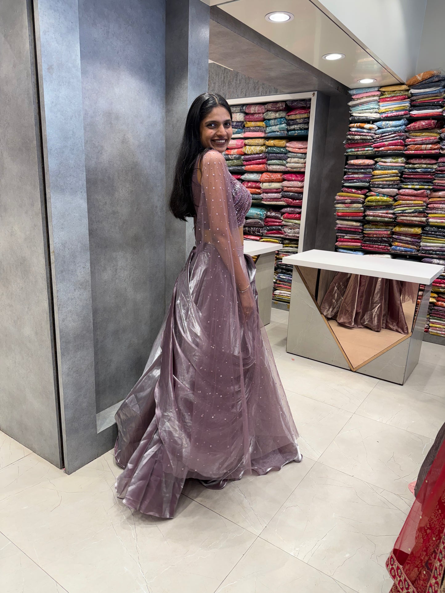 Lavender Metallic Tissue Silk Draped Lehenga Set