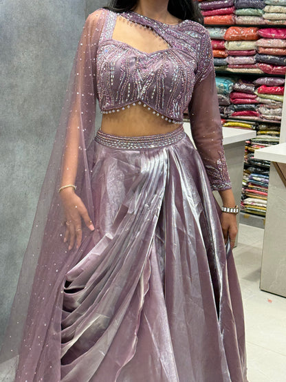 Lavender Metallic Tissue Silk Draped Lehenga Set
