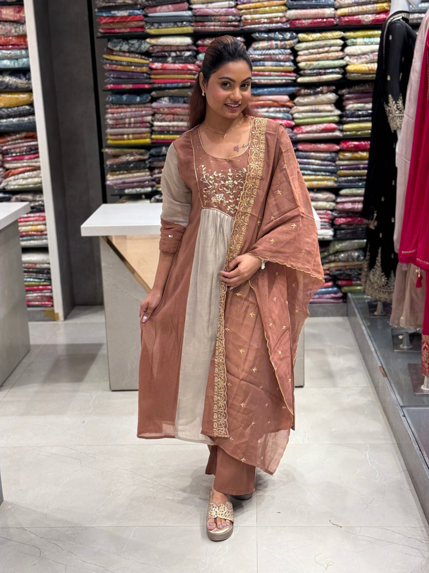 Mocha & Beige Muslin Silk Suit Set