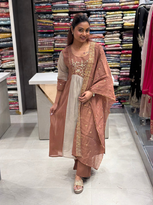 Mocha & Beige Muslin Silk Suit Set