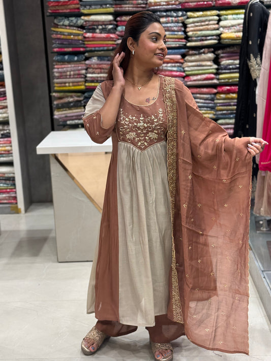 Mocha & Beige Muslin Silk Suit Set