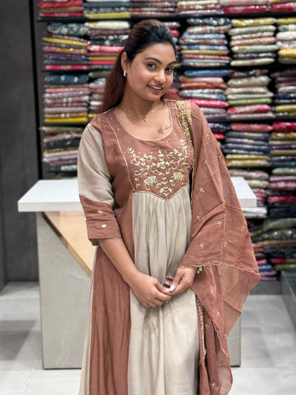 Mocha & Beige Muslin Silk Suit Set