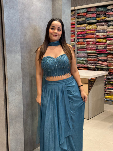 Teal Radiance Georgette Silk Draped Co-ord Set
