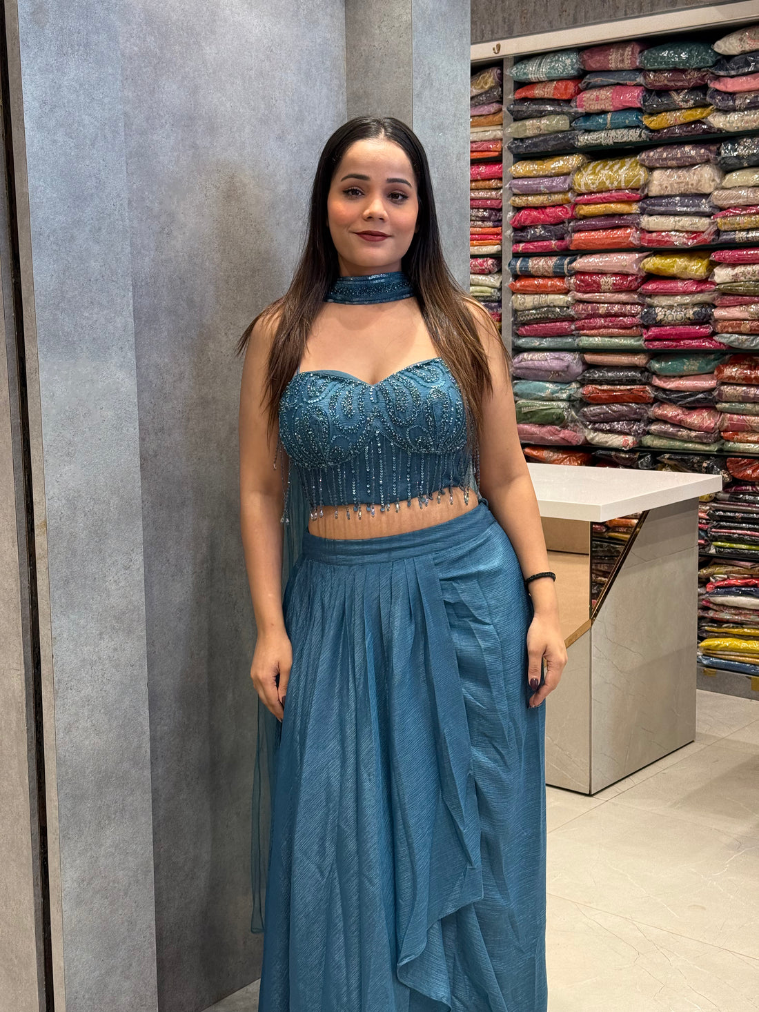 Teal Radiance Georgette Silk Draped Co-ord Set