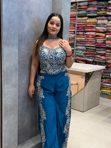 Teal Radiance Soft Silk Corset & Palazzo Set